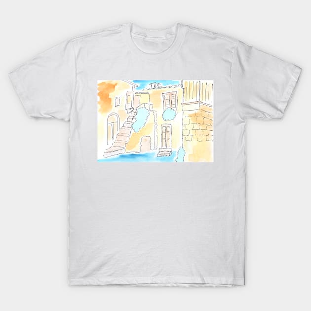 Watercolor background, house. Architecture, exterior, stairs, art decoration, sketch. Illustration hand drawn modern T-Shirt by grafinya